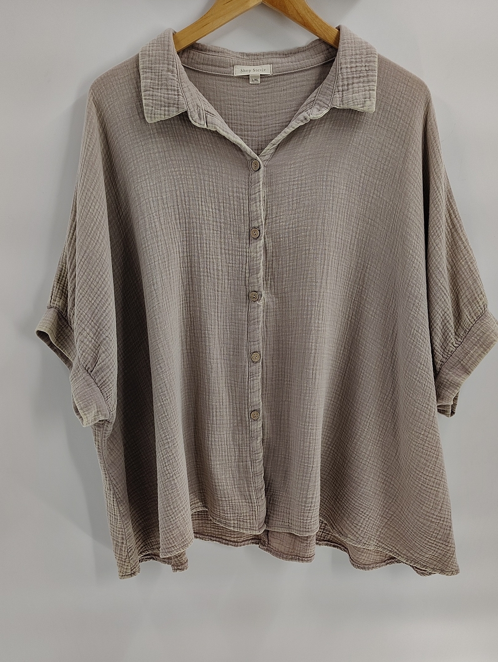 Shop Stevie Button Down Top L/XL Beige Gauze Cotton Short Sleeve